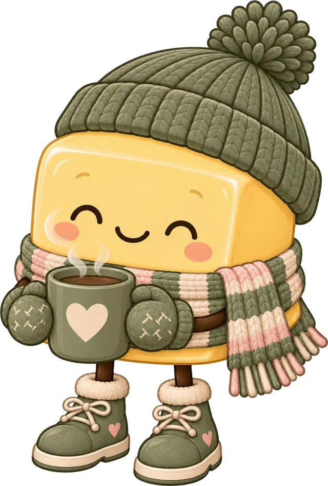Pat the butter mascot holding a warm mug of cocoa