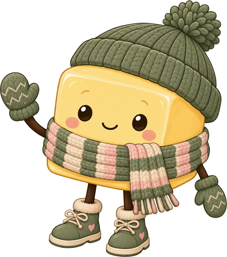 Pat, the GLP-1 Community Cozy Butter mascot: a smiling stick of butter in a knit hat, scarf, and mittens, waving hello