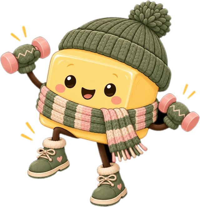 Pat the butter mascot in a knitted hat and striped scarf, lifting a small dumbbell in each mitten